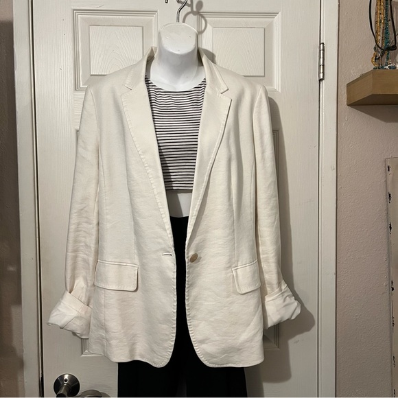 Ann Taylor Linen Blend Ivory Color Lined One Button Blazer Jacket Sz 14T - Picture 3 of 7